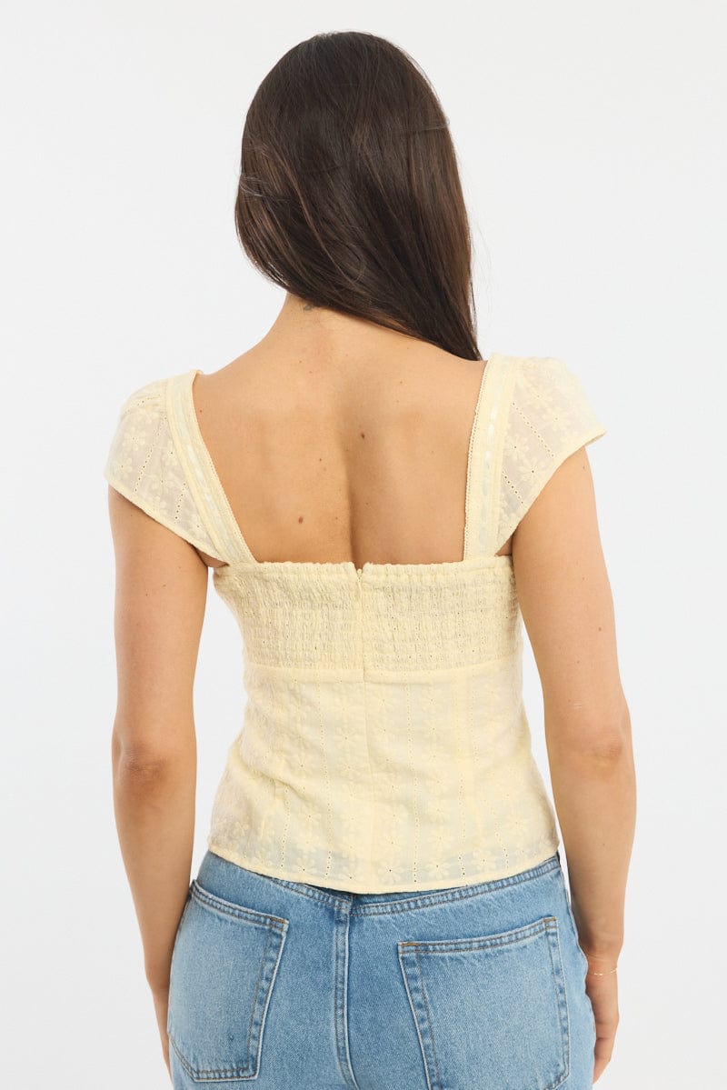 Yellow Eyelet Top Cap Sleeve Sweetheart Neckline Broderie