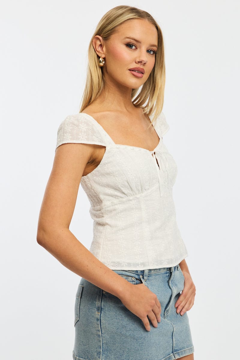 White Eyelet Top Cap Sleeve Sweetheart Neckline Broderie