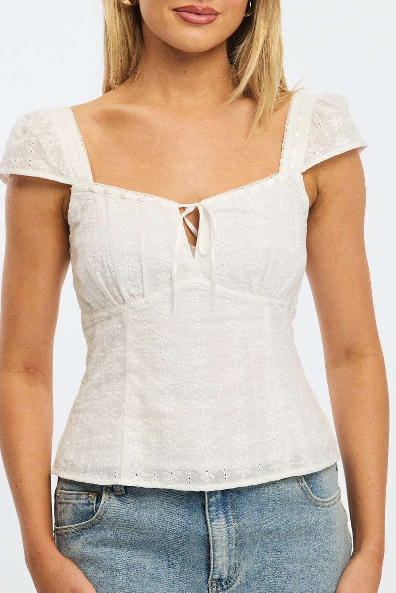 White Eyelet Top Cap Sleeve Sweetheart Neckline Broderie