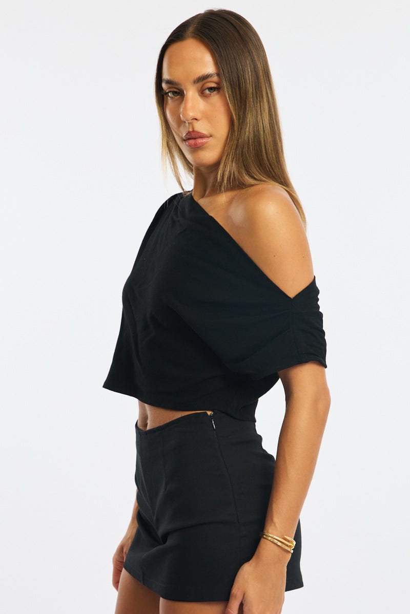 Black Off Shoulder Top Linen Blend