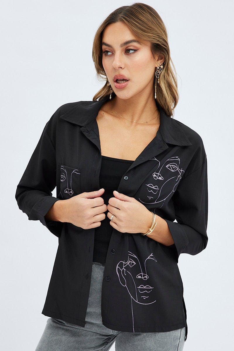 Black Sketch Face Silhouette Shirt for Women by Ally