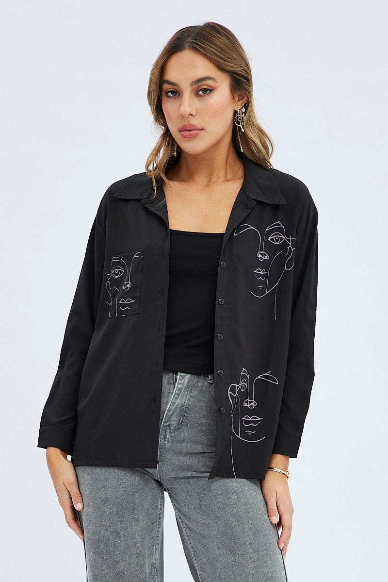 Black Sketch Face Silhouette Shirt for Women by Ally