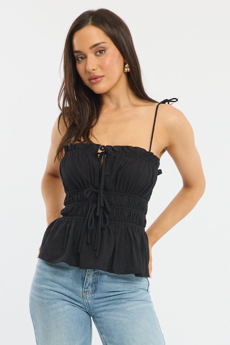 Black Gathered Tie Cami Sleeveless Notched Front