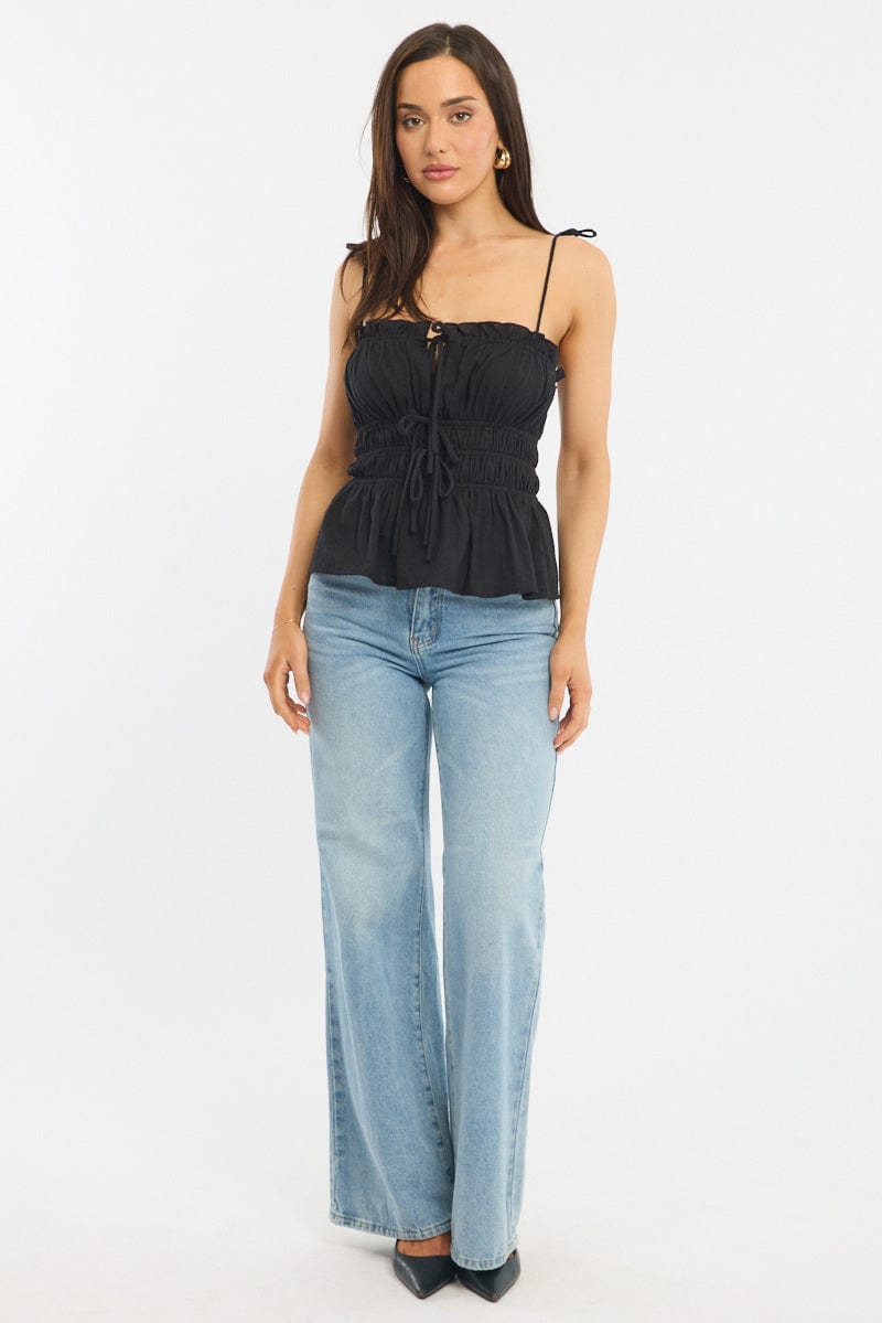 Black Gathered Tie Cami Sleeveless Notched Front