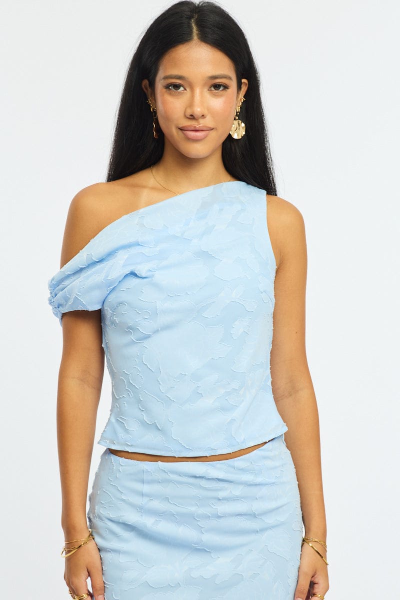 Blue One Shoulder Top Sleeveless Asymmetric Textured