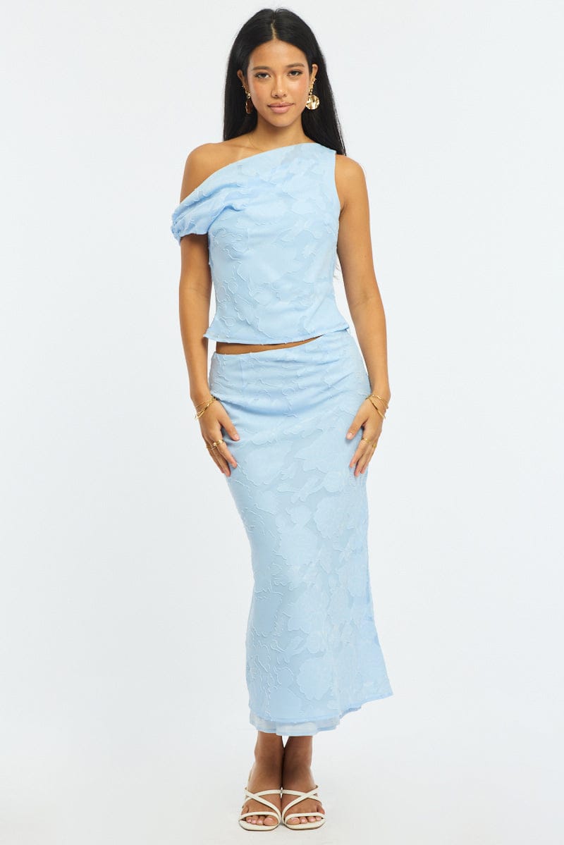 Blue One Shoulder Top Sleeveless Asymmetric Textured