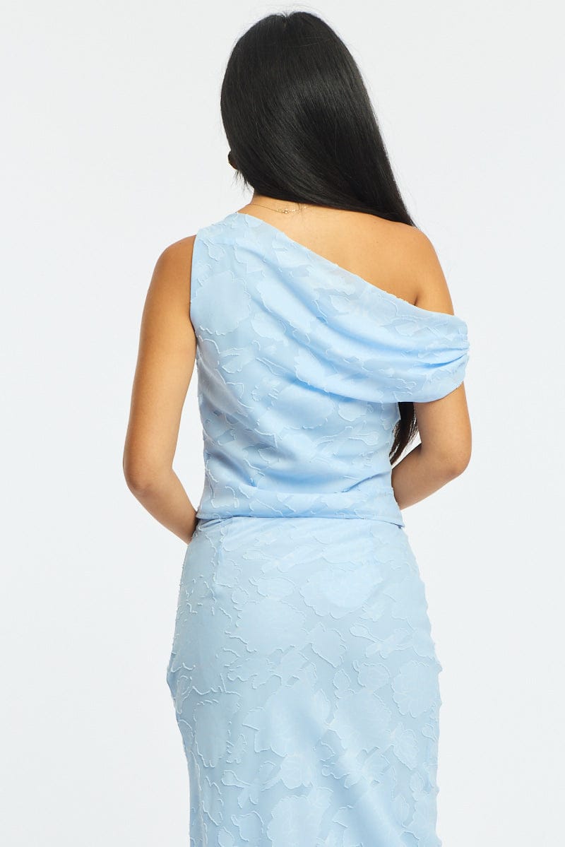 Blue One Shoulder Top Sleeveless Asymmetric Textured