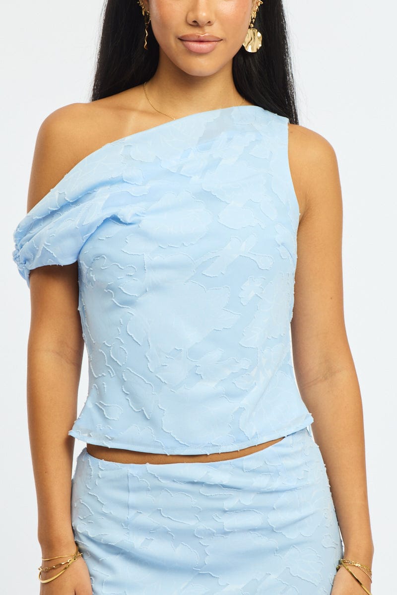 Blue One Shoulder Top Sleeveless Asymmetric Textured