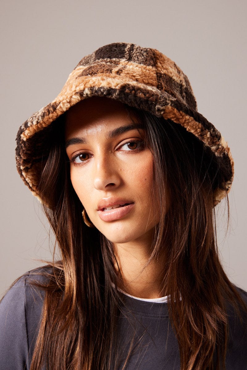 Brown Check Bucket Hat for Ally Fashion