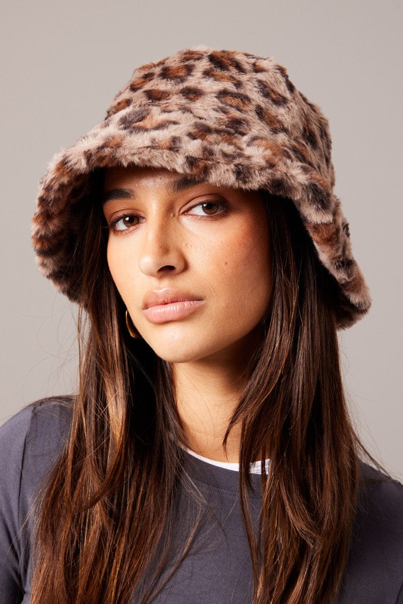 Brown Animal Print Faux Fur Hat for Ally Fashion