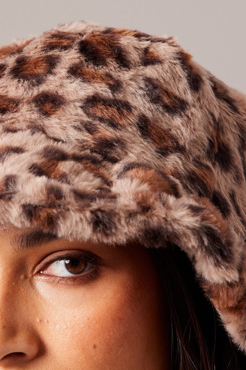 Brown Animal Print Faux Fur Hat for Ally Fashion