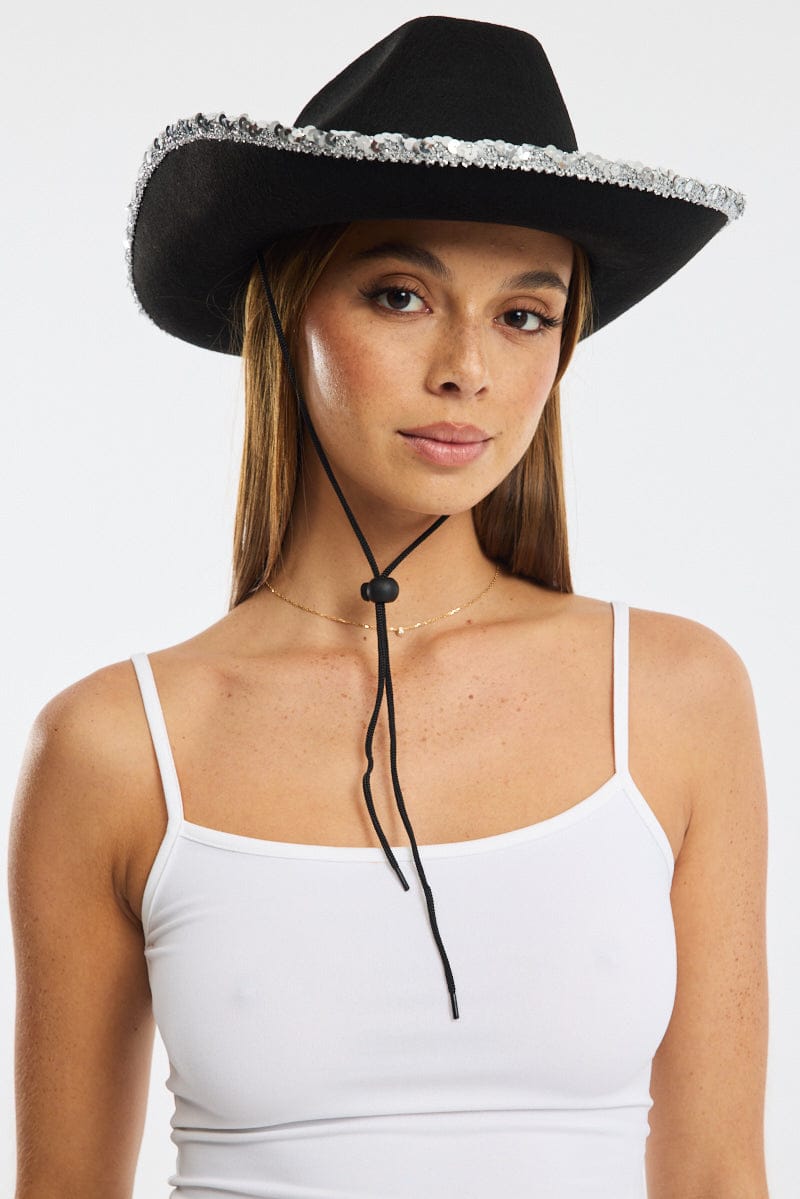 Black Sequin Detail Festival Cowboy Hat for Ally Fashion