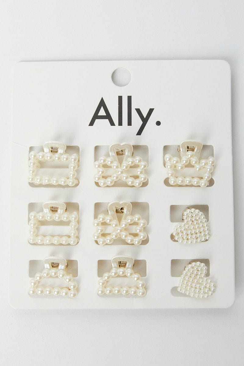 White 9 Pack Mix & Match Pearl Claw Clips for Ally Fashion