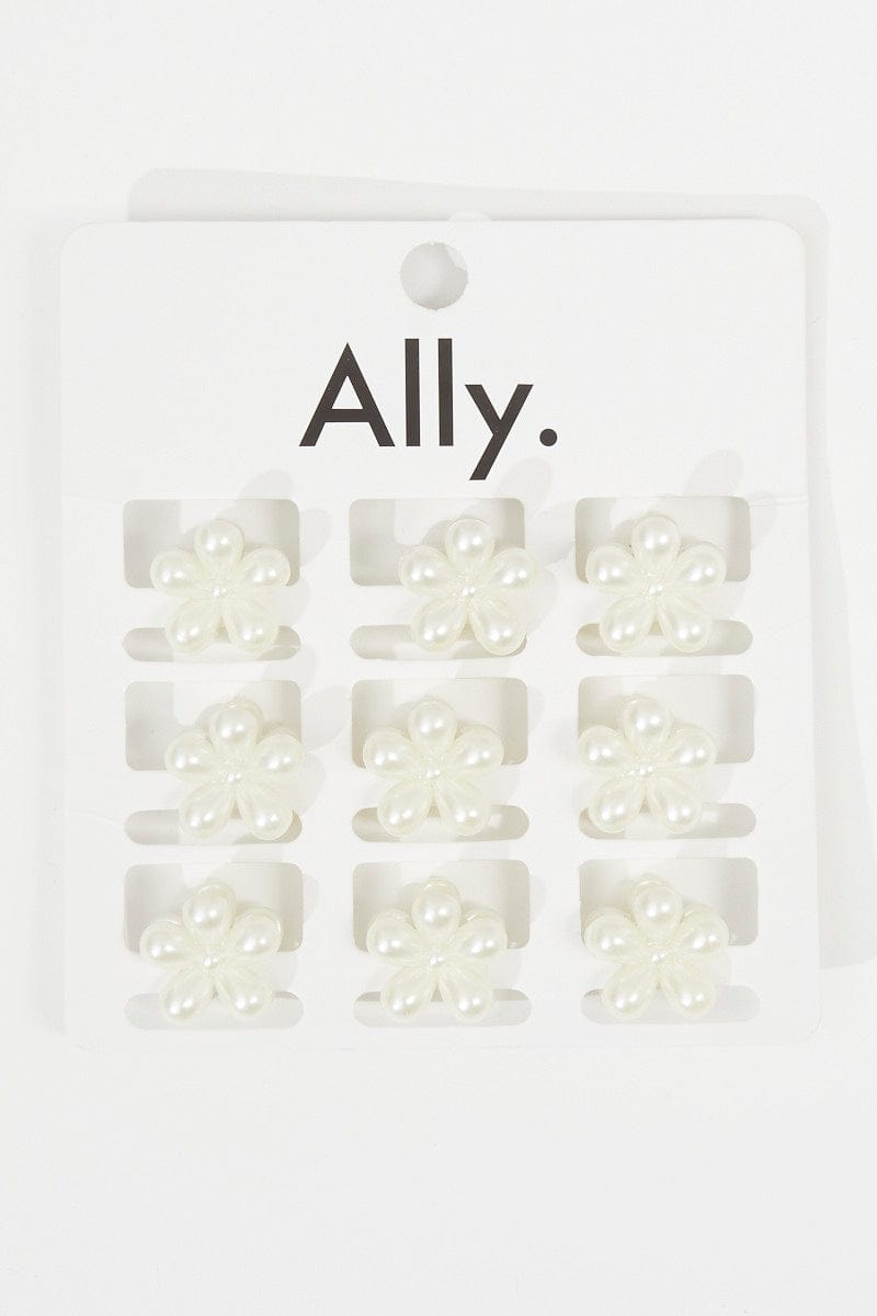 White 9 Pack Pearl Claw Clips for Ally Fashion