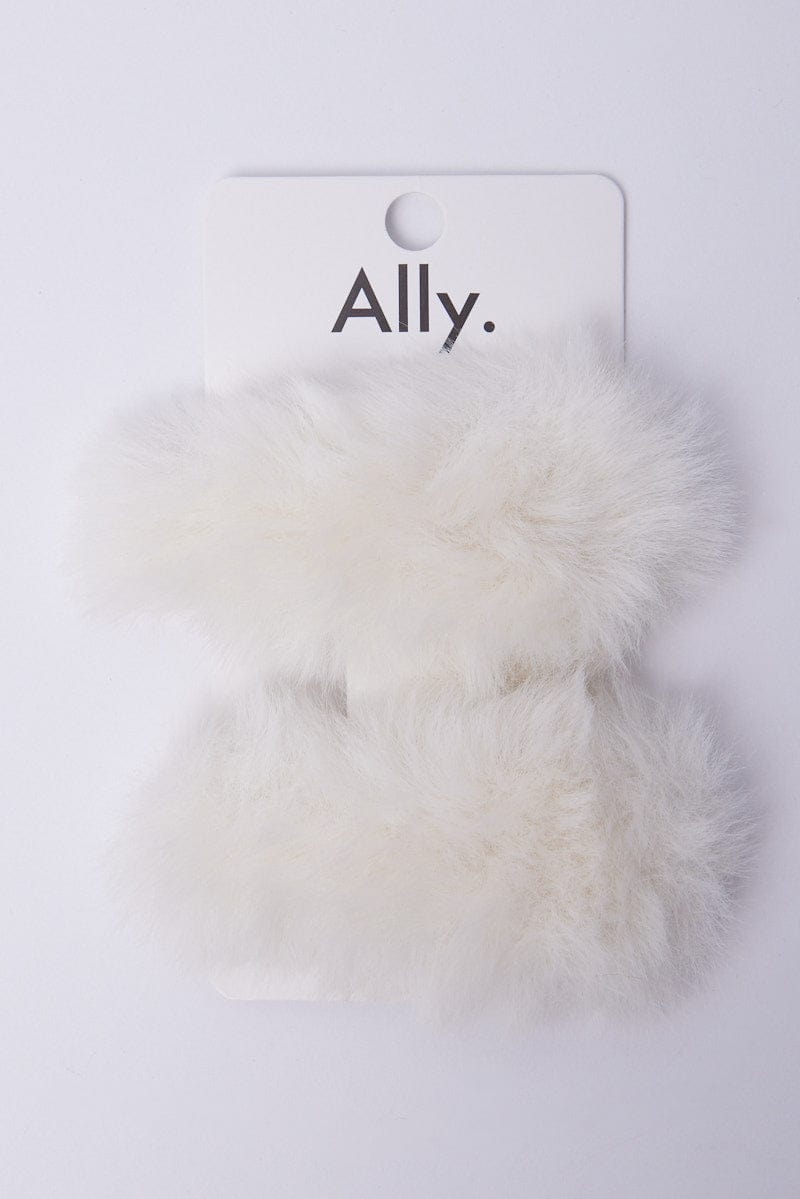 White 2 Pack Faux Fur Hair Clips for Ally Fashion