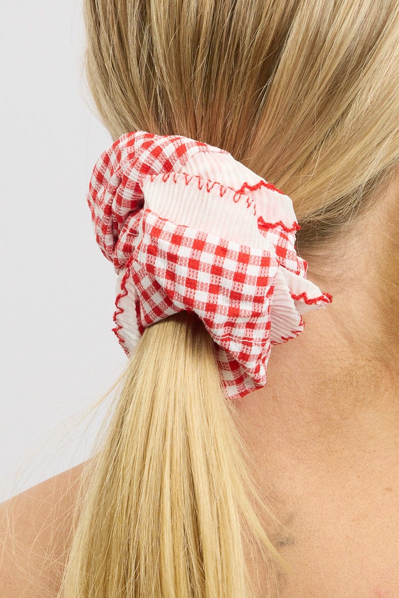 Red Oversized Gingham Scrunchie Frill for Ally Fashion