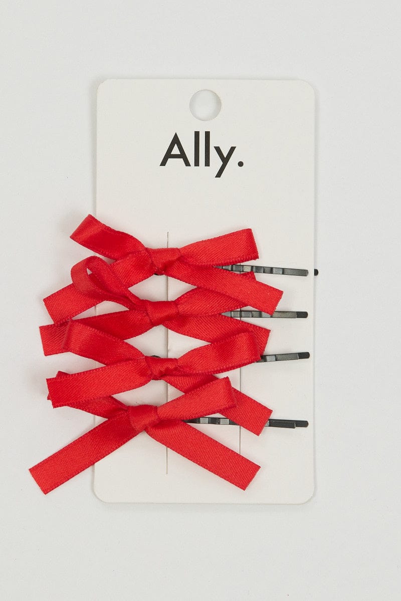 Red 4 Pack Mini Satin Bow Bobby Pins for Ally Fashion