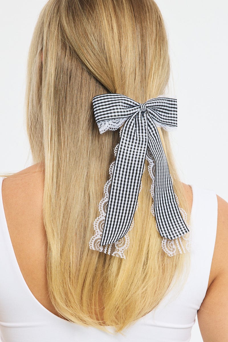 Black Check Print Hair Bow for Ally Fashion