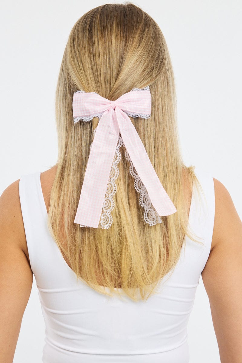 Pink Check Print Hair Bow for Ally Fashion
