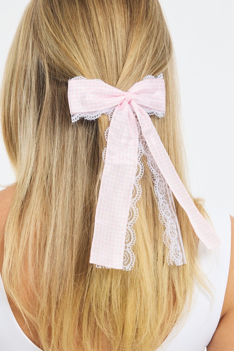 Pink Check Print Hair Bow for Ally Fashion