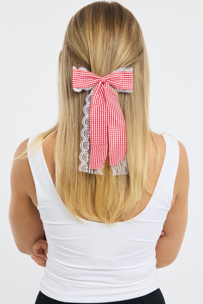 Red Check Print Hair Bow for Ally Fashion