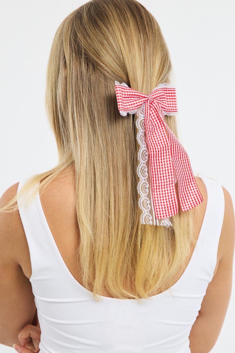Red Check Print Hair Bow for Ally Fashion