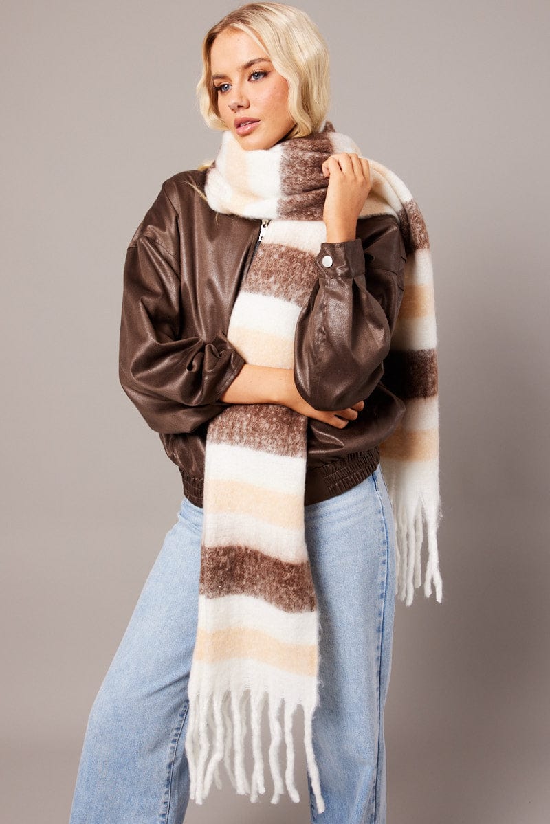 Brown Stripe Chunky Fluffy Tassel Scarf for Ally Fashion