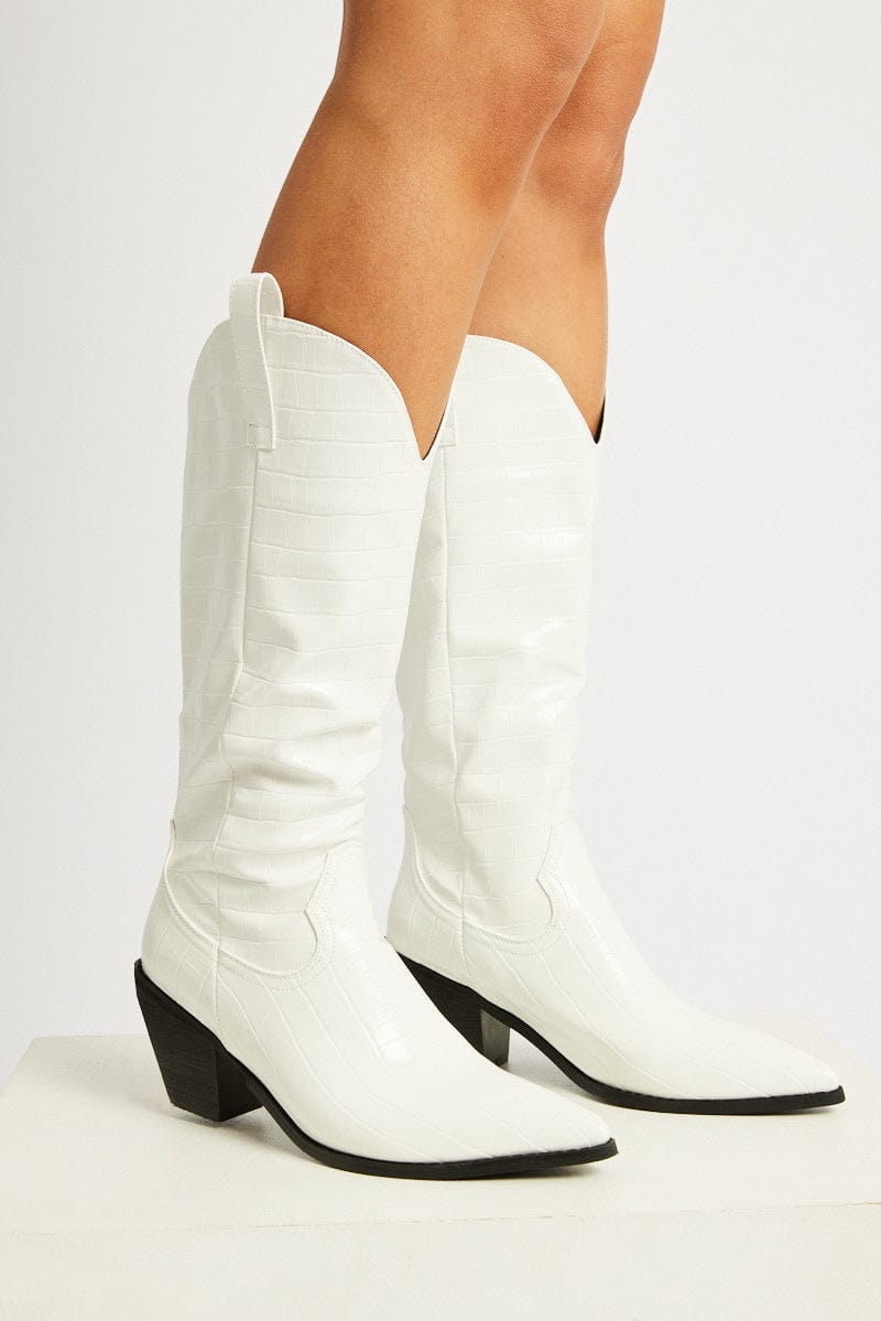 White Knee High Cowboy Boots for Ally Fashion