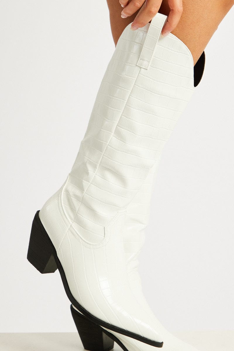 White Knee High Cowboy Boots for Ally Fashion