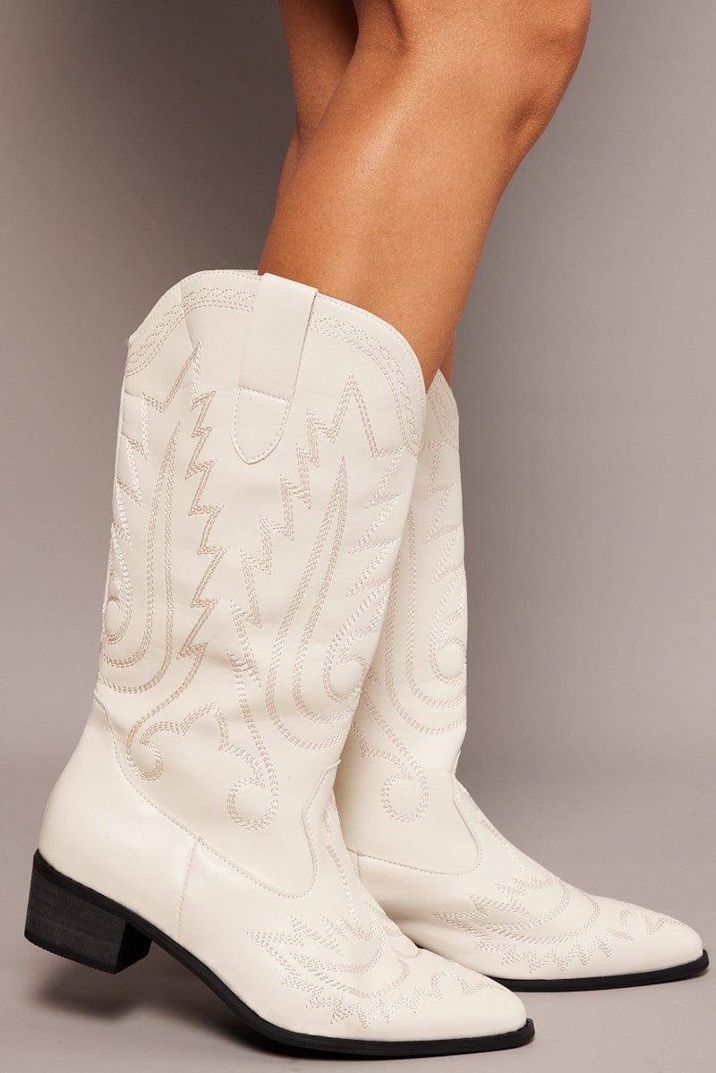 White Embroidered Cowboy Boots for Ally Fashion