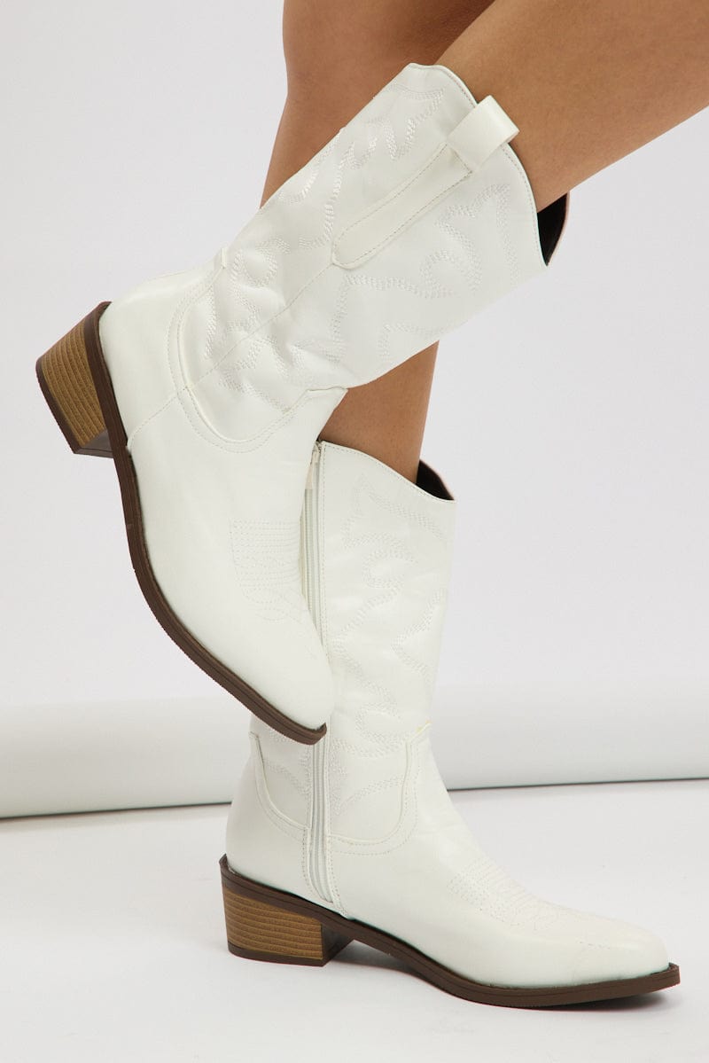 White Embroidered Western Cowboy Boots for Ally Fashion