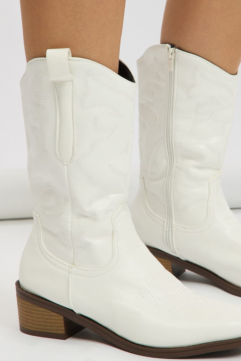 White Embroidered Western Cowboy Boots for Ally Fashion