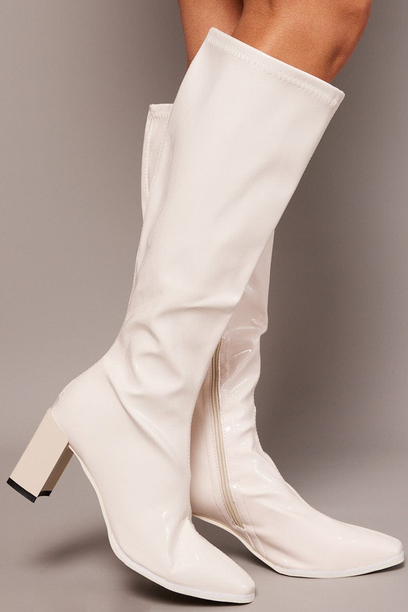 White Knee High Boots in Patent for Ally Fashion