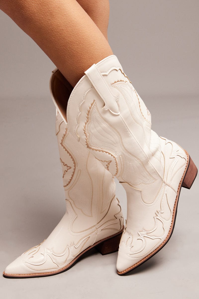 White Embroidered Western Cowboy Boot for Ally Fashion