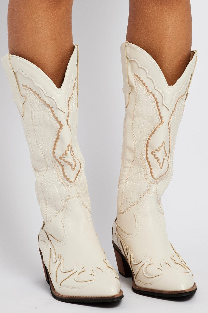 White Embroidered Western Cowboy Boot for Ally Fashion