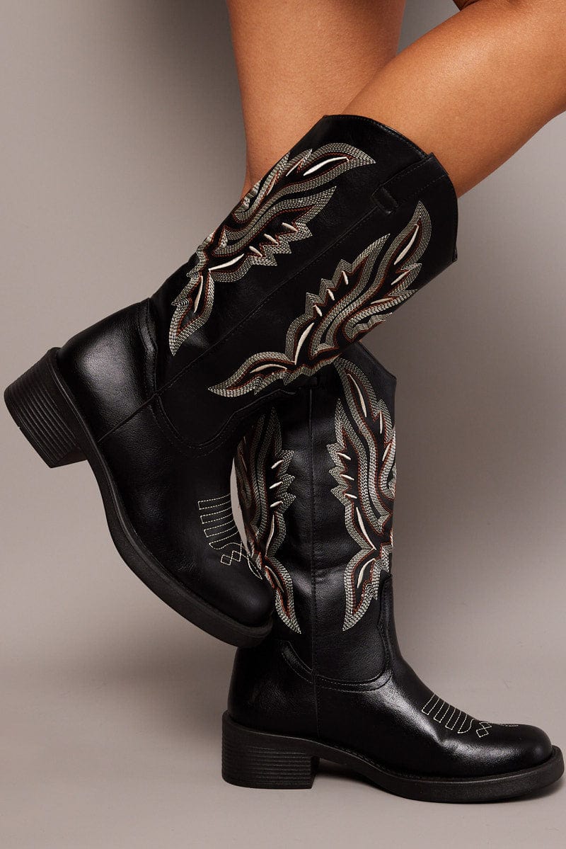 Black Embroidered Western Boots for Ally Fashion