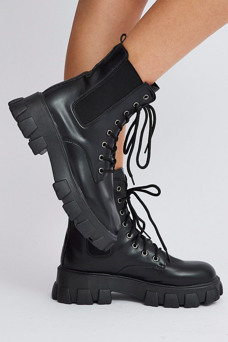 Black Lace Up Chunky Boots for Ally Fashion