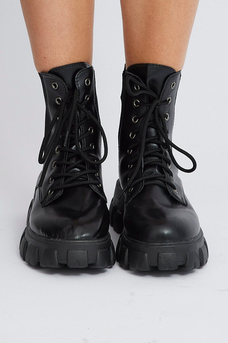 Black Lace Up Chunky Boots for Ally Fashion