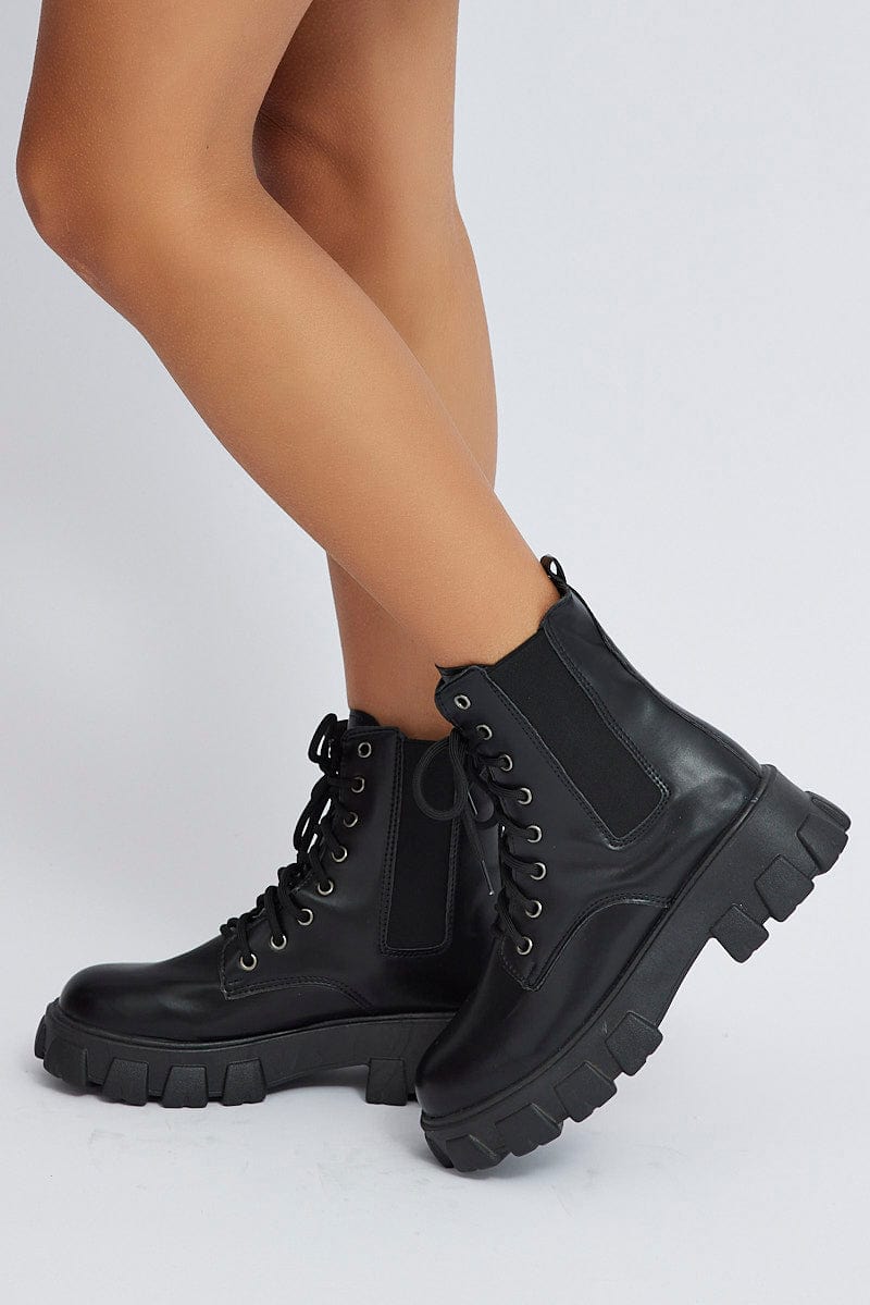 Black Lace Up Chunky Boots for Ally Fashion