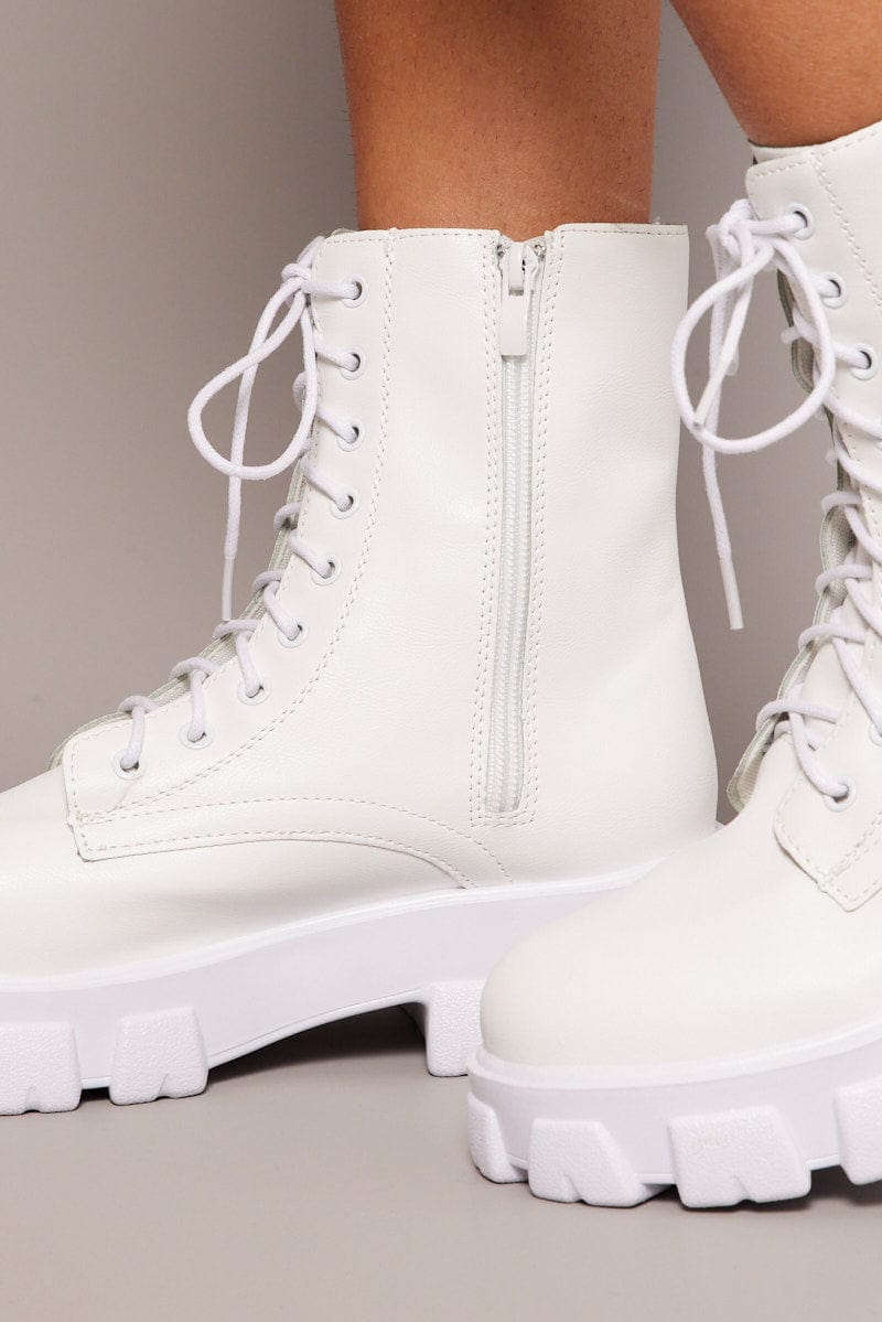 White Chunky Lace Up Ankle Boots for Ally Fashion