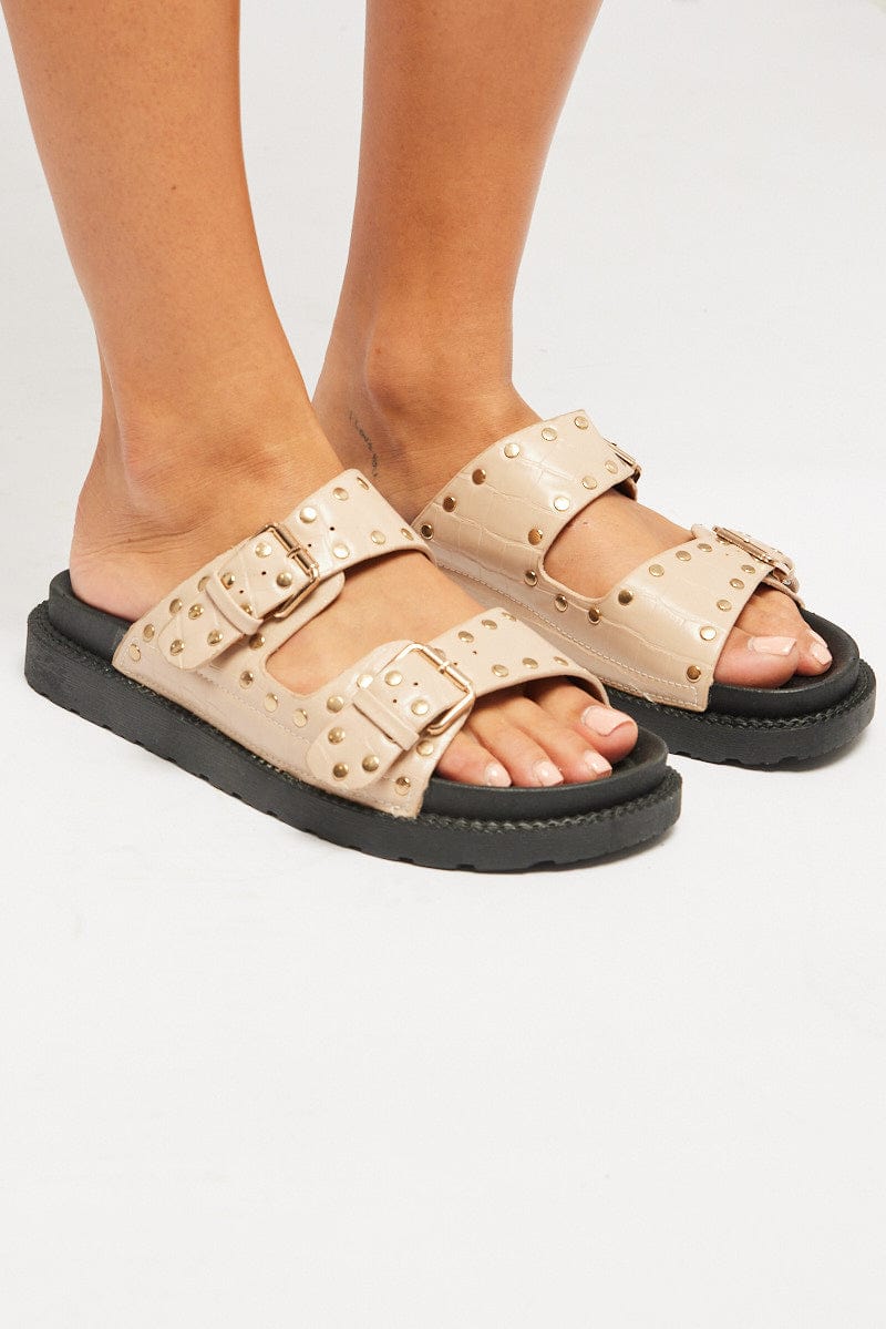 Beige Studded Flat Sandals for Ally Fashion