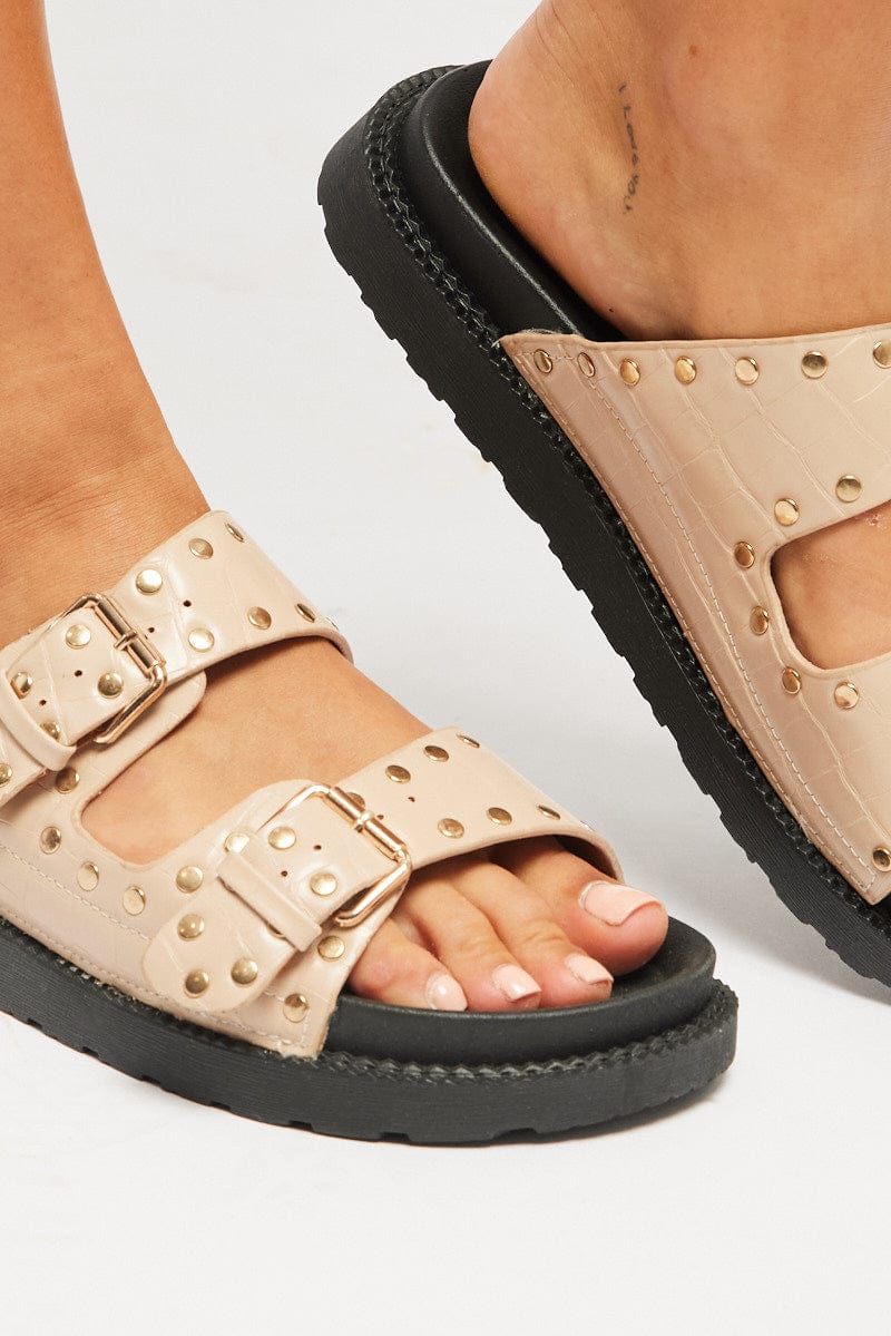 Beige Studded Flat Sandals for Ally Fashion