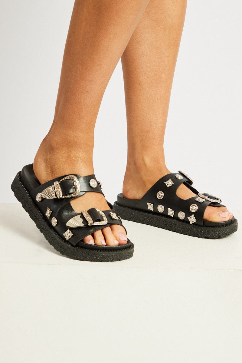 Black Buckle Studded Western Footbed Sandal for Ally Fashion