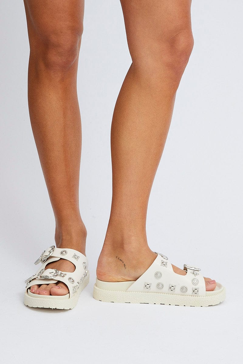 White Buckle Studded Western Footbed Sandal for Ally Fashion