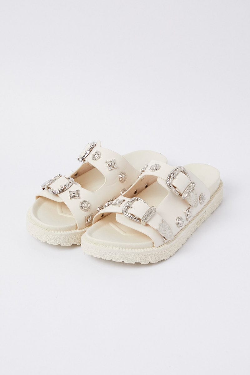 White Buckle Studded Western Footbed Sandal for Ally Fashion