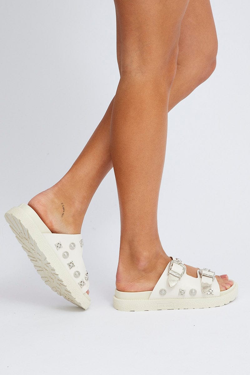 White Buckle Studded Western Footbed Sandal for Ally Fashion