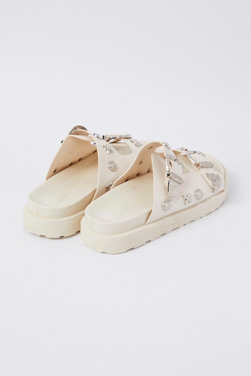 White Buckle Studded Western Footbed Sandal for Ally Fashion