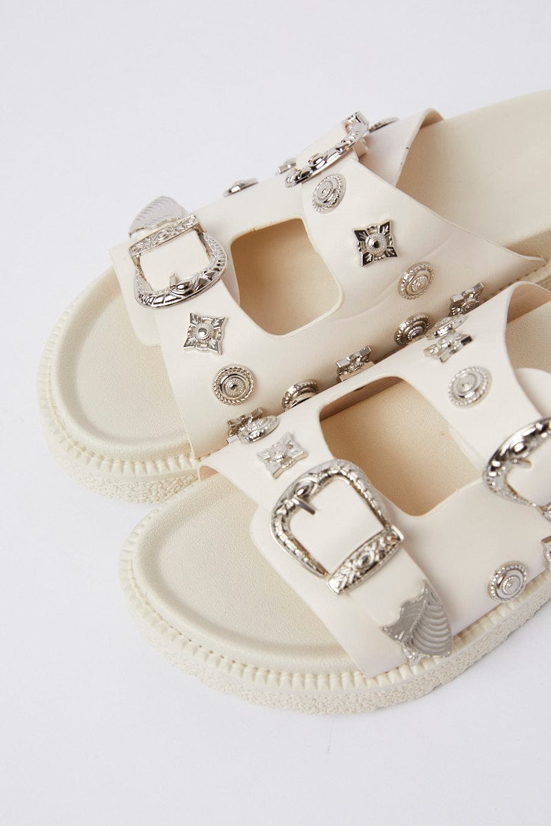 White Buckle Studded Western Footbed Sandal for Ally Fashion