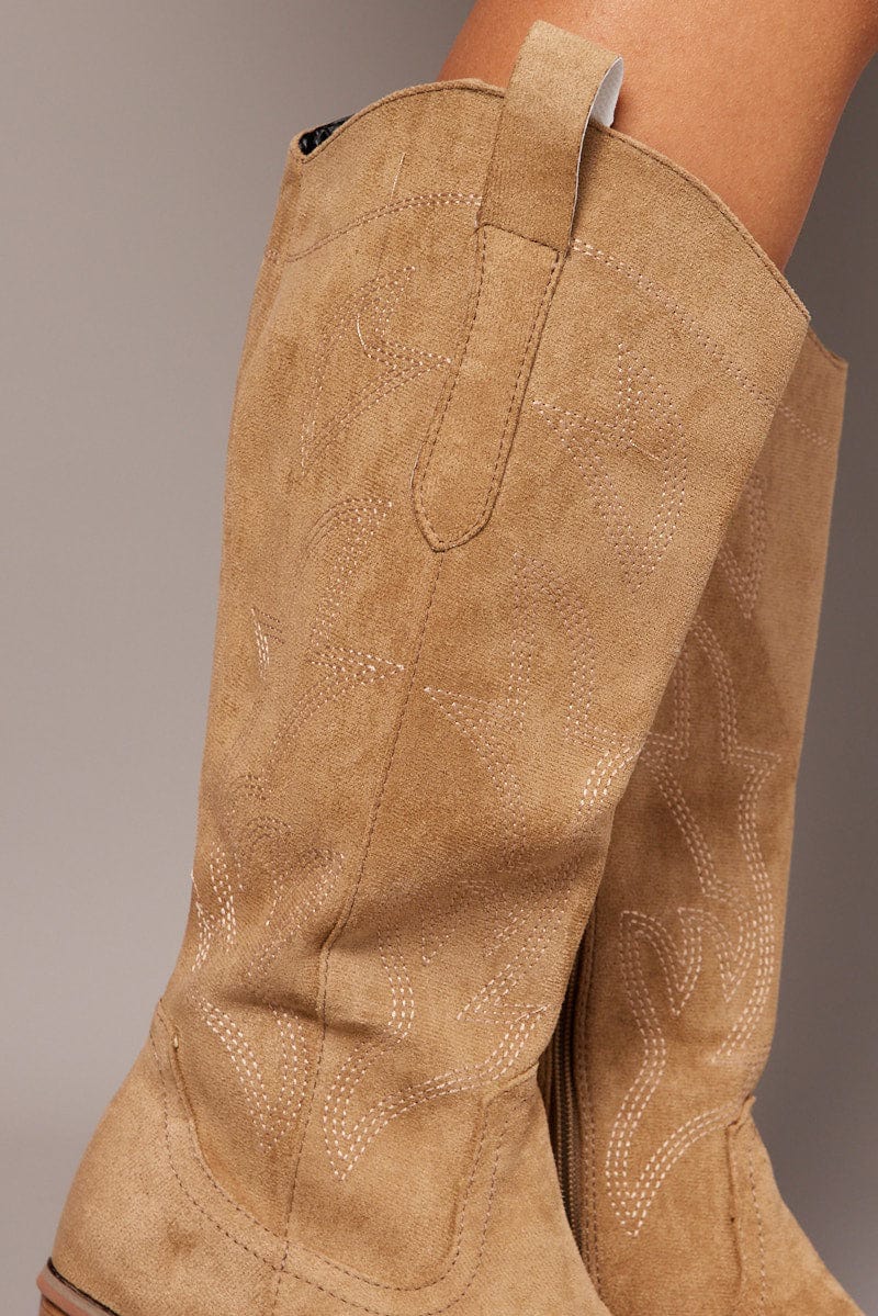 Beige Embroidered Western Boots for Ally Fashion