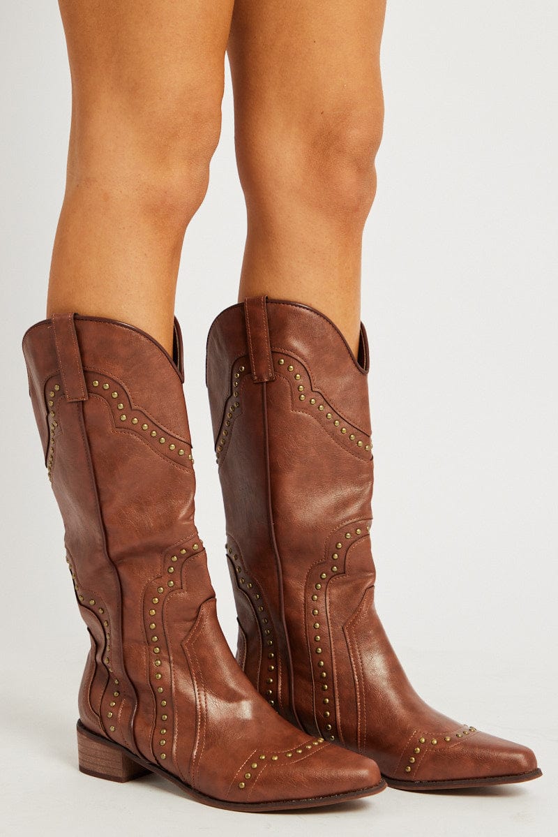 Brown Studded Boots for Ally Fashion